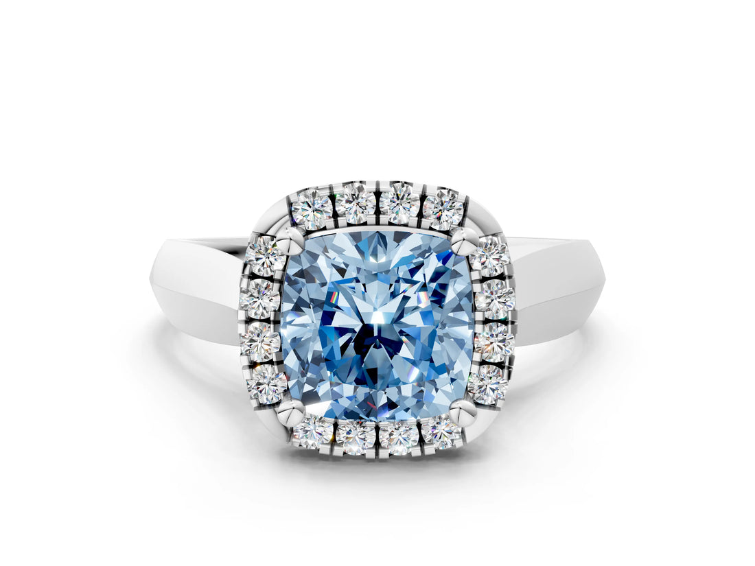 Silver Fancy Blue Cushion  Cut Halo Solitaire Engagement Ring with Square Band and Four-Prong Setting_24