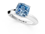 Silver Fancy Blue Cushion  Cut Solitaire Engagement Ring with Flat Band and Four-Prong Setting 1
