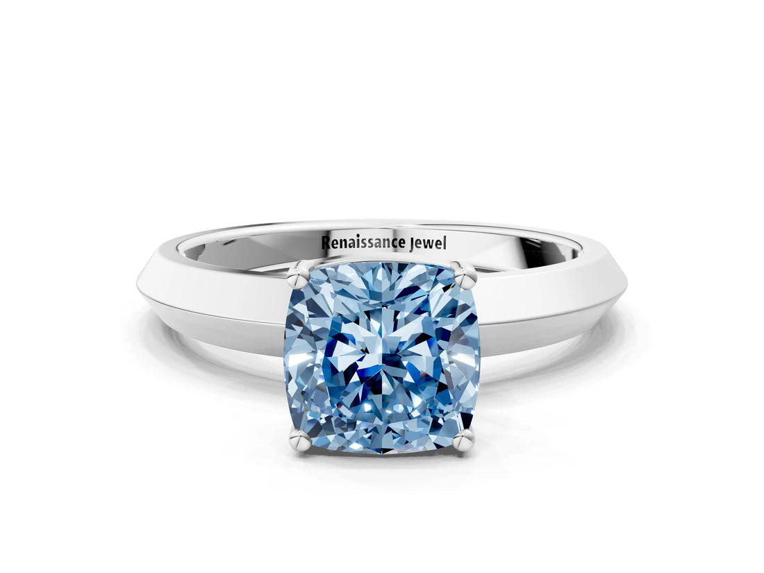 Silver Fancy Blue Cushion  Cut Solitaire Engagement Ring with Flat Band and Four-Prong Setting
