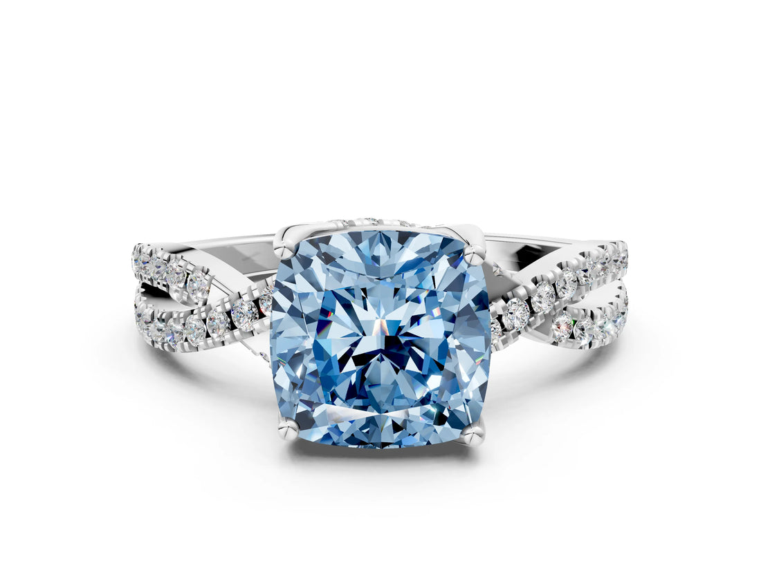 Silver Fancy Blue Cushion Cut Solitaire Twist Pave Diamond Engagement Ring with Prong Setting_42