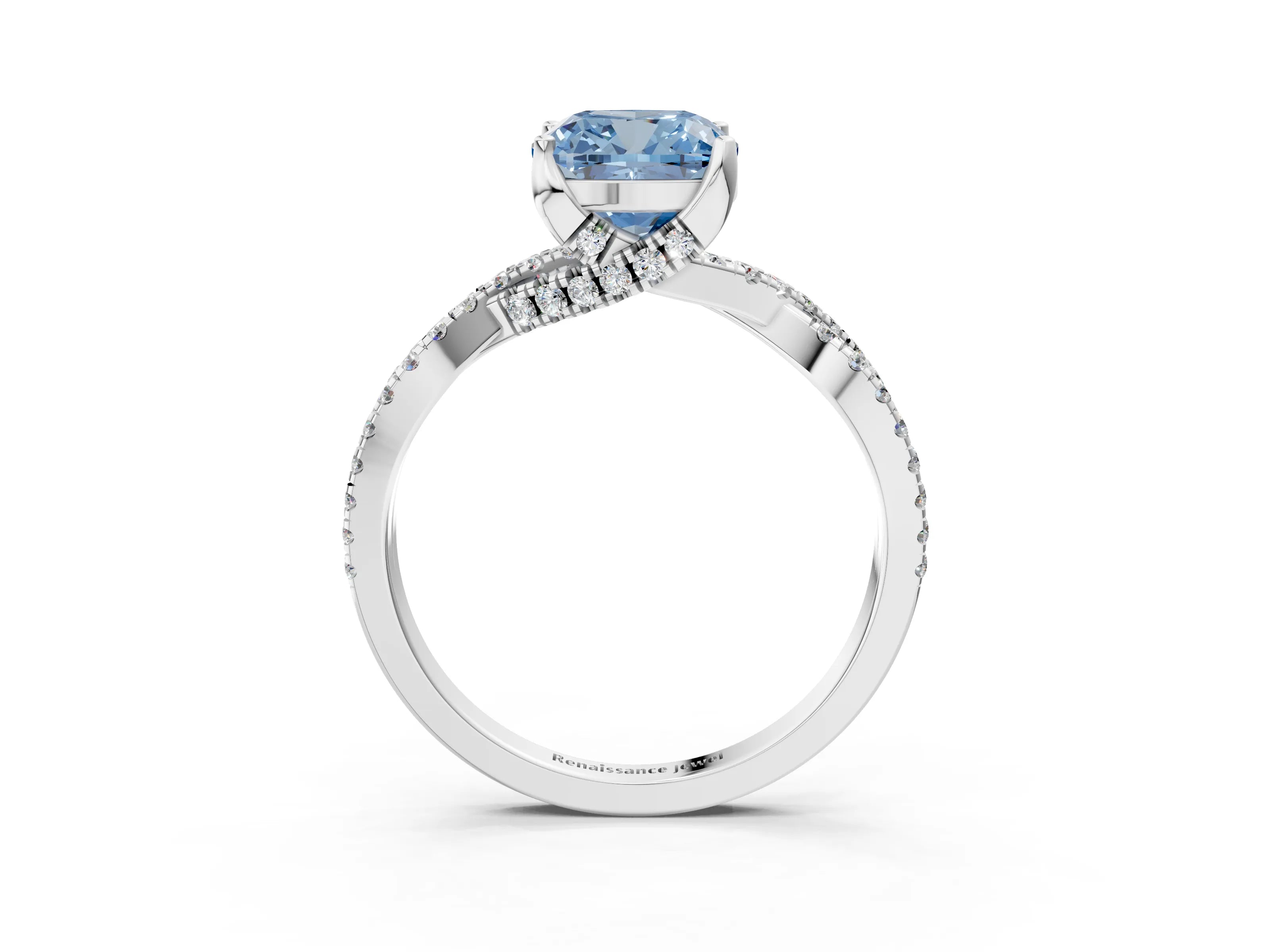 Silver Fancy Blue Cushion Cut Solitaire Twist Pave Diamond Engagement Ring with Prong Setting_45
