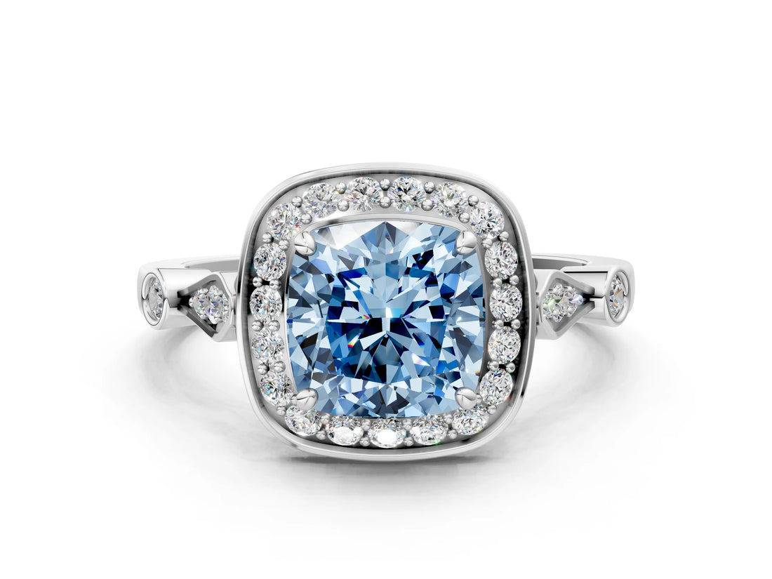 Silver Fancy Blue Cushion  Halo Diamond Engagement Ring with Twisted Band and Four-Prong Setting 1