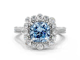 Silver Fancy Blue Cushion  Halo Milgrain Pave Diamond Ring with Four-Prong Setting