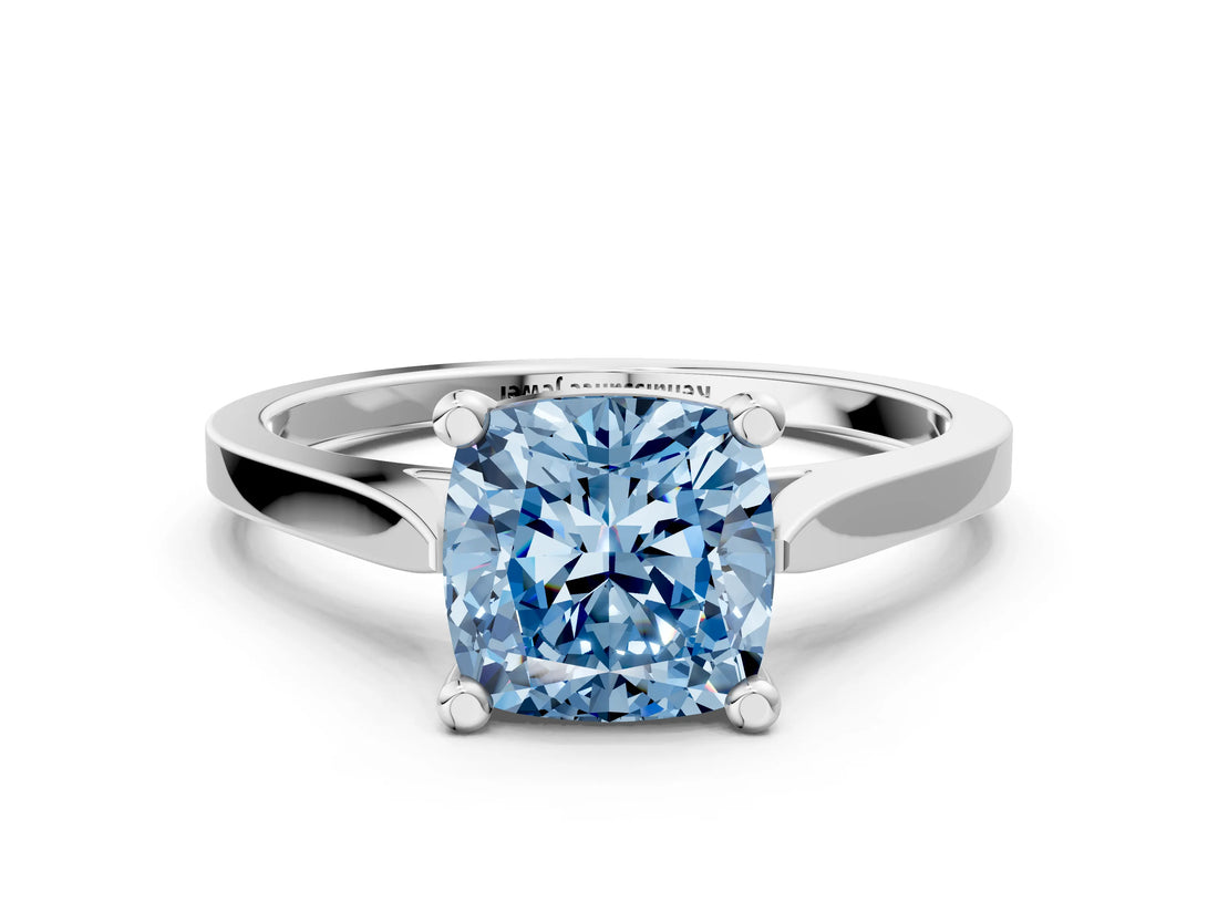 Silver Fancy Blue Cushion  Solitaire Diamond Ring with Four-Prong Setting and Tapered Band