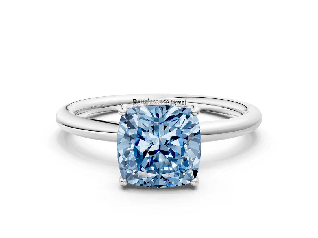 Silver Fancy Blue Cushion  Solitaire Diamond Ring with a Classic Band and Four-Prong Setting