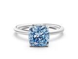 Silver Fancy Blue Cushion  Solitaire Diamond Ring with a Classic Band and Four-Prong Setting