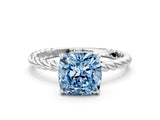 Silver Fancy Blue Cushion  Solitaire Twist Band Ring with Four-Prong Setting