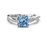 Silver Fancy Blue Cushion  Solitaire Twisted Pave Diamond Ring with Four-Prong Setting_6