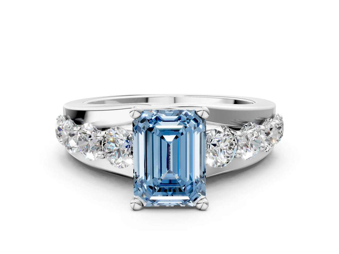 Silver Fancy Blue Emerald  Brilliant Solitaire with Side Stones on a Pave Band and Four-Prong Setting_12