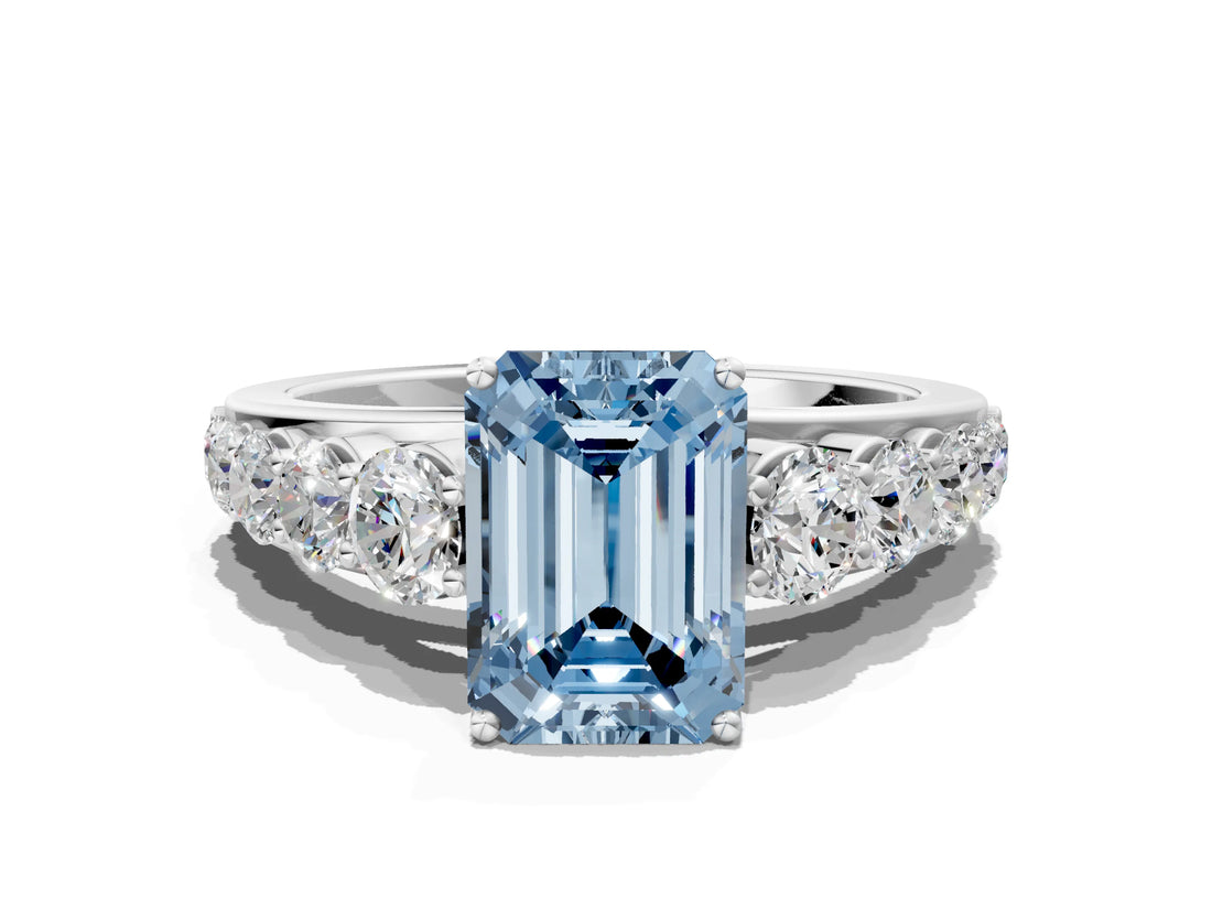 Silver Fancy Blue Emerald Cut Brilliant Diamond Pavé Band with Six-Prong Setting_18