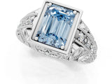 Silver Fancy Blue Emerald Cut Brilliant Milgrain Filigree Diamond Ring with Square Prong Setting_7