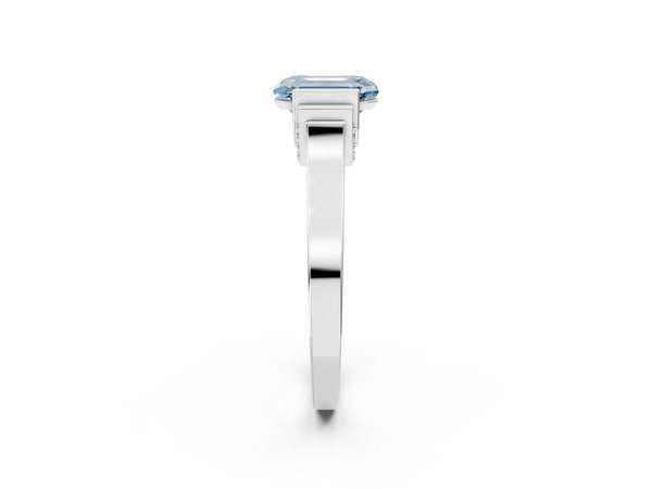 Silver Fancy Blue Emerald Cut Brilliant Solitaire Diamond Ring with Channel Set Band and Bar Prong Setting