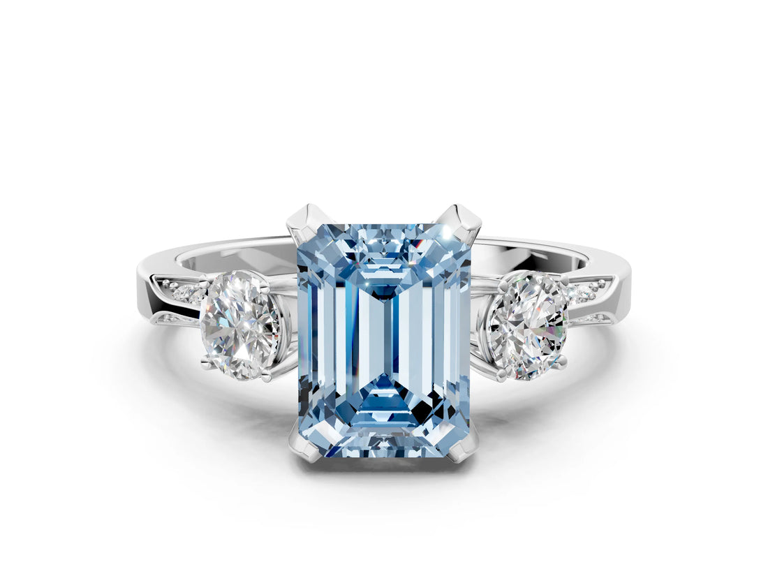 Silver Fancy Blue Emerald Cut Brilliant Three-Stone Diamond Ring with Pavé Band and Four-Prong Setting_24