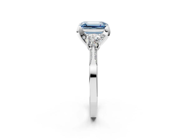 Sterling Silver Emerald Cut Three Stone Hidden Halo Engagement Ring Setting for Fancy Blue Center
