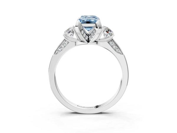 Sterling Silver Emerald Cut Three Stone Hidden Halo Engagement Ring Setting for Fancy Blue Center