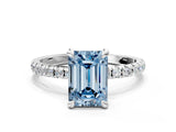 Silver Fancy Blue Emerald Cut Diamond Brilliant Solitaire Ring with Pavé Band and Four-Prong Setting_48