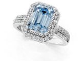 Silver Fancy Blue Emerald Cut Diamond Double Halo Ring with Split Shank and Four-Prong Setting_7