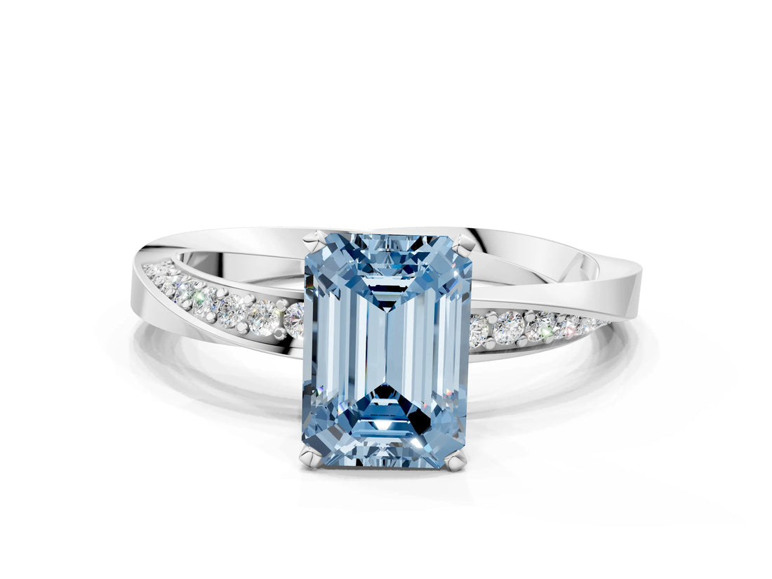 Silver Fancy Blue Emerald Cut Diamond Engagement Ring with Side Stone Accents and Four-Prong Setting_12