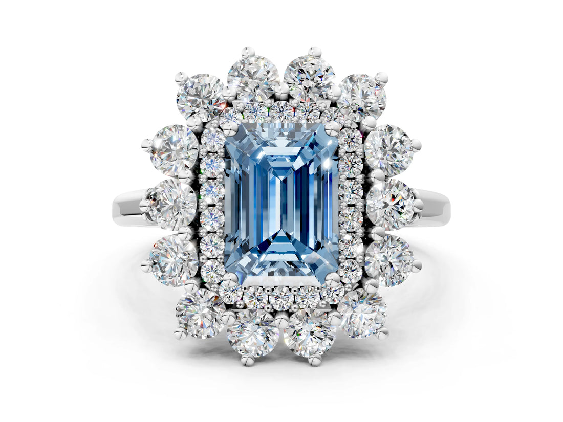 Silver Fancy Blue Emerald Cut Diamond Floral Double Halo Engagement Ring with Prong Setting_31