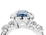 Silver Fancy Blue Emerald  Cut Diamond Floral Halo Engagement Ring with Shared Prong Setting 4