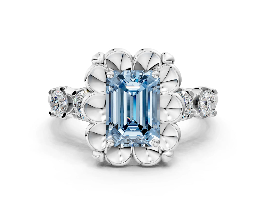 Silver Fancy Blue Emerald  Cut Diamond Floral Halo Engagement Ring with Shared Prong Setting