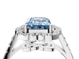 Silver Fancy Blue Emerald Cut Diamond Floral Halo Split Shank Prong Setting Ring_10