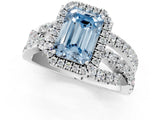 Silver Fancy Blue Emerald Cut Diamond Halo Ring with Round Split Shank and Prong Setting_1