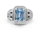 Silver Fancy Blue Emerald Cut Diamond Halo Ring with Split Shank and Bezel Accents and Four-Prong Setting_6