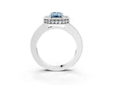 Silver Fancy Blue Emerald Cut Diamond Milgrain Halo Engagement Ring with Round Pavé Band and Prong Setting_15
