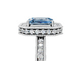 Silver Fancy Blue Emerald Cut Diamond Milgrain Halo Engagement Ring with Round Pavé Band and Prong Setting_17