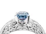 Silver Fancy Blue Emerald Cut Diamond Pave Art Deco Split Shank Ring with Four-Prong Setting_10