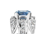 Silver Fancy Blue Emerald Cut Diamond Pave Art Deco Split Shank Ring with Four-Prong Setting_11