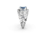 Silver Fancy Blue Emerald Cut Diamond Pave Art Deco Split Shank Ring with Four-Prong Setting_8