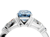Silver Fancy Blue Emerald  Cut Diamond Ring with Baguette Side Stones, Channel Set Band, and Four-Prong Setting_28