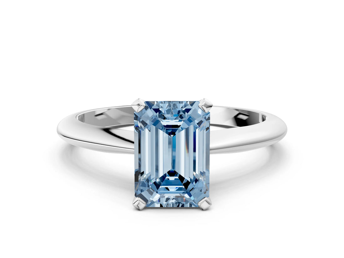 Silver Fancy Blue Emerald Cut Diamond Solitaire Engagement Ring with Classic Band and Four-Prong Setting_12