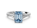 Silver Fancy Blue Emerald Cut Diamond Solitaire Ring with Pavé Band and Prong Setting_12