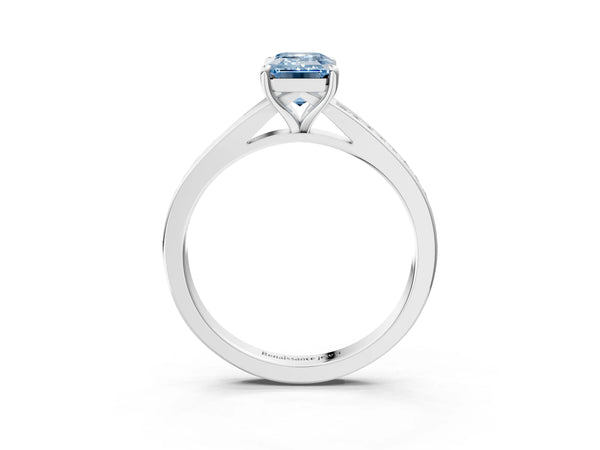 Sterling Silver Emerald Cut Pave Solitaire Engagement Ring Setting for Fancy Blue Center with Sweeping Shoulders