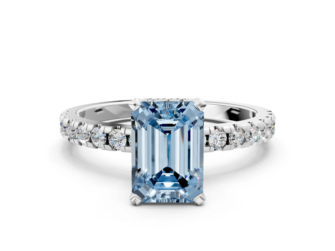 Silver Fancy Blue Emerald Cut Diamond Solitaire Ring with Round  Pavé Band and Four-Prong Setting_36