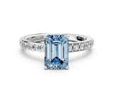 Silver Fancy Blue Emerald  Cut Diamond Solitaire with Pave Band and Four-Prong Setting 1