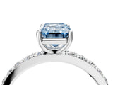 Silver Fancy Blue Emerald  Cut Diamond Solitaire with Pave Band and Four-Prong Setting 5