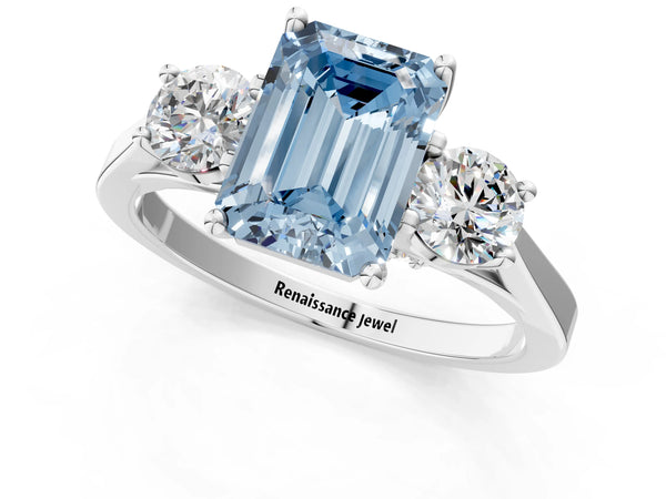 Silver Fancy Blue Emerald Cut Diamond Three-Stone Engagement Ring with Prong Setting and Pavé Band