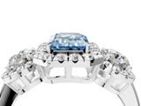Silver Fancy Blue Emerald Cut Diamond Three-Stone Halo Ring with Prong Setting and Pavé Accents_10