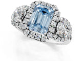 Silver Fancy Blue Emerald Cut Diamond Three-Stone Halo Ring with Prong Setting and Pavé Accents_7