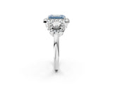 Silver Fancy Blue Emerald Cut Diamond Three-Stone Halo Ring with Prong Setting and Pavé Accents_8