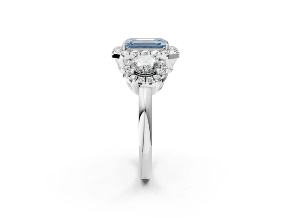 Sterling Silver Emerald Cut Three Stone Halo Engagement Ring Setting for Fancy Blue Center