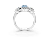 Silver Fancy Blue Emerald Cut Diamond Three-Stone Halo Ring with Prong Setting and Pavé Accents_9