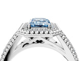 Silver Fancy Blue Emerald Cut Halo Diamond Ring with Beaded Split Shank and Four-Prong Setting_10