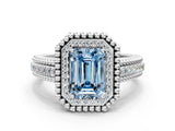 Silver Fancy Blue Emerald Cut Halo Diamond Ring with Beaded Split Shank and Four-Prong Setting_6