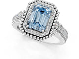 Silver Fancy Blue Emerald Cut Halo Diamond Ring with Beaded Split Shank and Four-Prong Setting_7