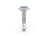 Silver Fancy Blue Emerald Cut Halo Diamond Ring with Beaded Split Shank and Four-Prong Setting_8